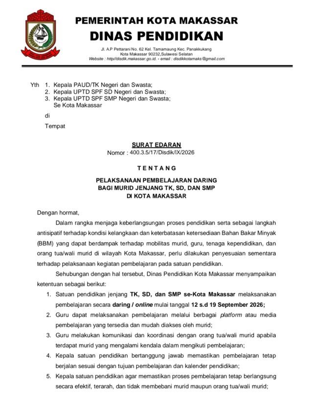 Surat edaran Disdik Makassar.