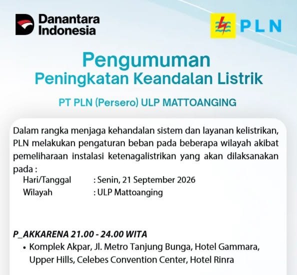 Pengumuman pemadaman listrik bergilir.(Dok PLN)