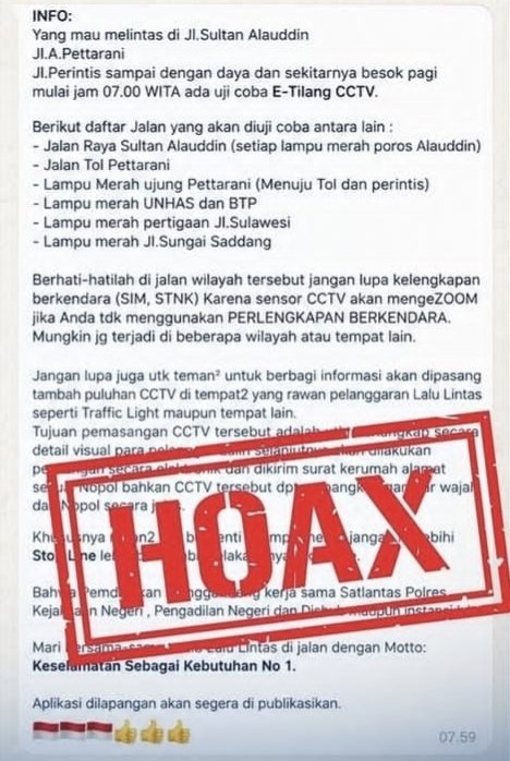 Tangkapan layar pesan berantai info E-tilang di Makassar.